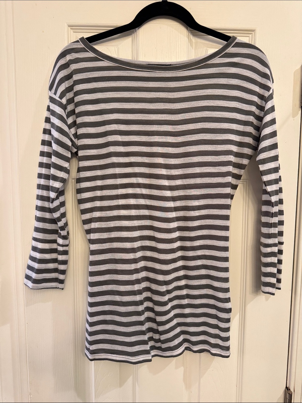 Striped Gray & White 3/4 Sleeve Women's Top